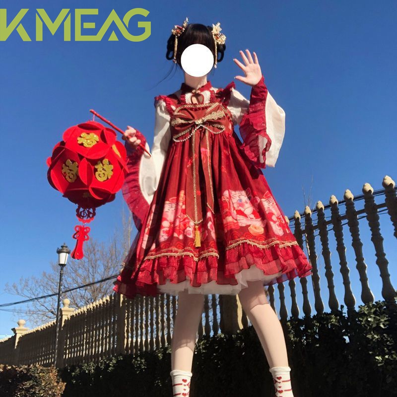 新品未使用 キャミワインレッドの可愛い虎モチーフ 中華風 Lolita ワンピース JSK 吊りスカート 豪華デザイン 撮影会 イベント 推し活 舞台衣装 プレゼントにも最適